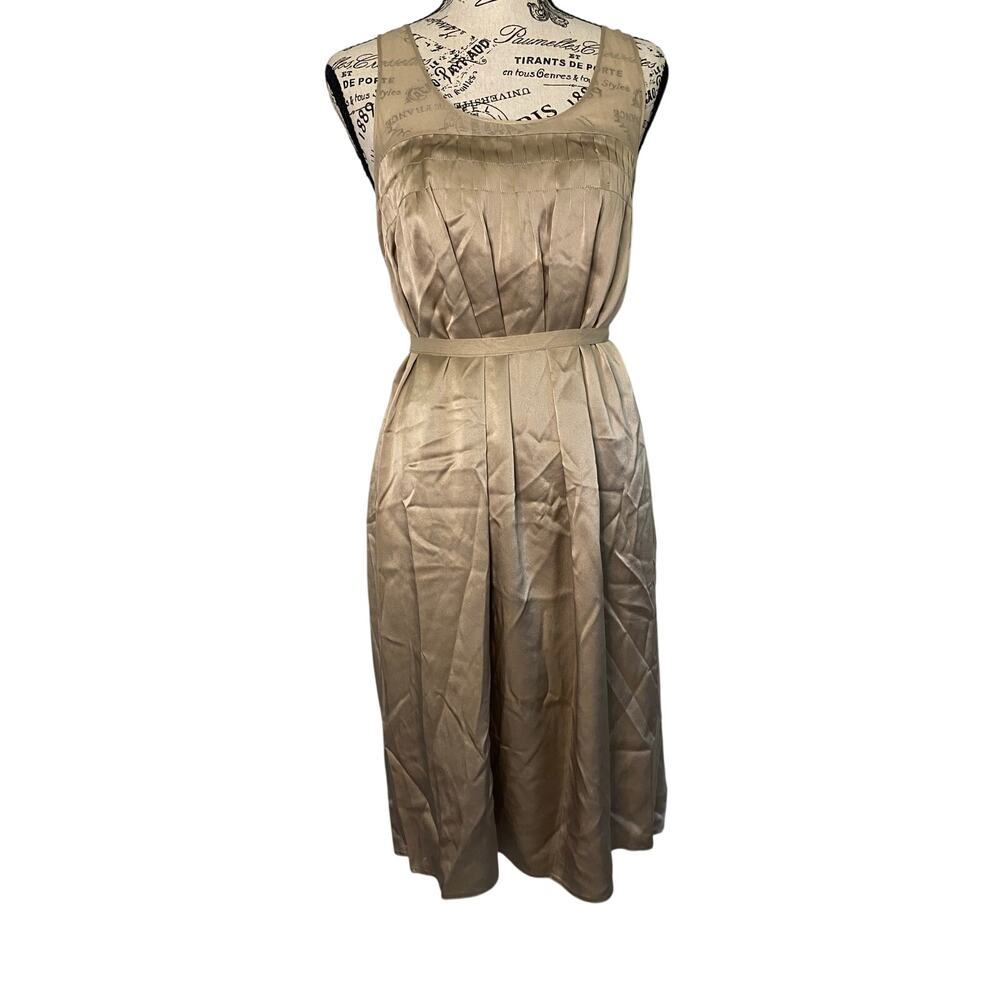 Vince Sleeveless Silk Belt Midi Dress Size Medium Romantic Cream Tan Sheer Work